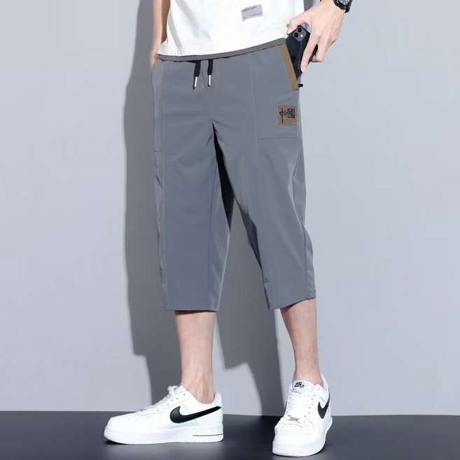 冰絲七分褲男士 抽繩褲 潮流夏季薄款寬鬆大碼彈力速乾【M-5XL]