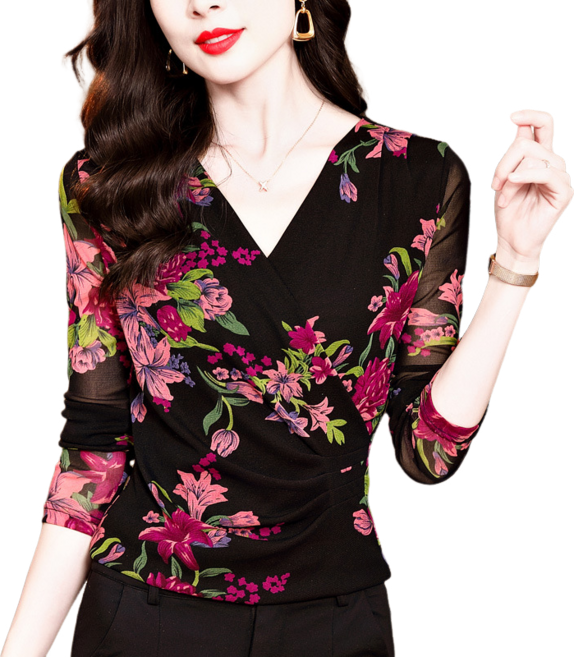 꽃 긴팔 스판 시스루 망사 댄스복 상의 Women's T-shirt