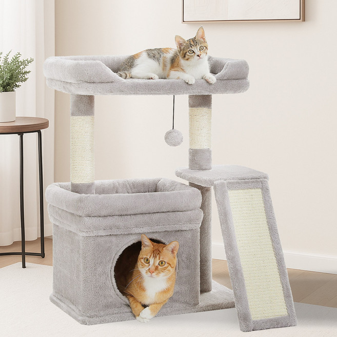 PAWZ Road 3단 다색 귀여운 고양이 소형 캣타워 탑 라운지 +사다리+ 숨숨집, 1개, 그레이
