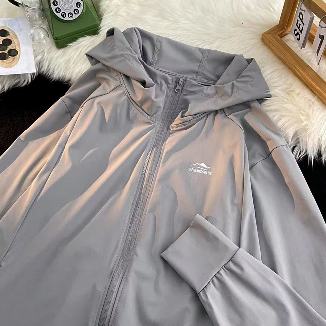 港風男女寬鬆連帽防曬衣 戶外冰絲涼感防紫外線外套, 1個, 淺灰色（速干防曬款）L(100-120斤)