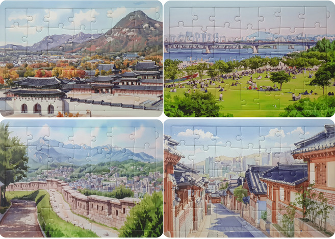 치매 예방 퍼즐 직소 퍼즐 두뇌 훈련 교구 부모님 선물 35조각 A4사이즈 4종 1세트, 경복궁,서촌,도성,한강, 35피스