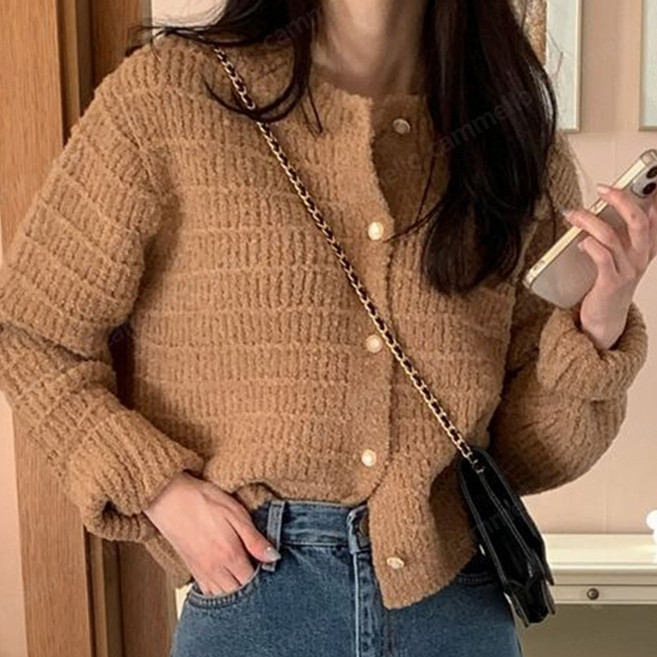 cammello 포근 텍스처 라운드넥 진주버튼 니트 가디건 봄가을 데일리 아우터