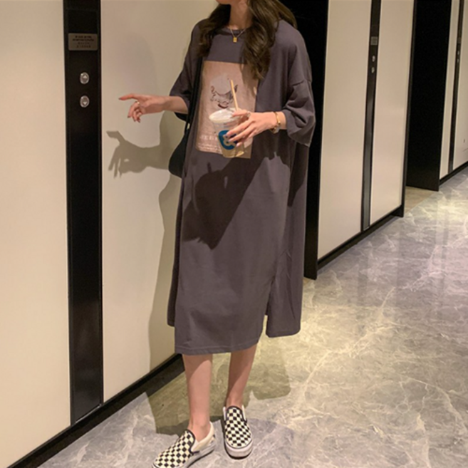 Kdragon 여성 라운드넥 5부소매 루즈핏 프린트 트임 원피스