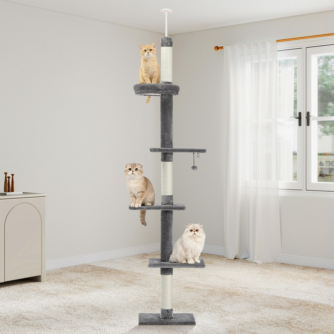 PAWZ Road 5단 대형 플러시 패브릭 심플 캣폴 천장 고정형 높이 조절 캣타워 238CM-275CM, 1개, 그레이