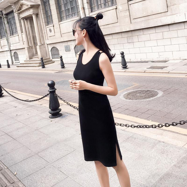 IFaith 美背交叉小洋裝 SK044 夏季吊帶連衣裙, 黑,XL