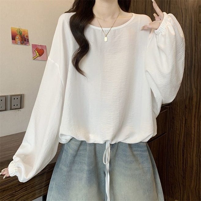 COSYEVNO 여성 여름 긴팔 라운드넥 티셔츠 루즈핏 스트링 디테일 BCXcxt-4