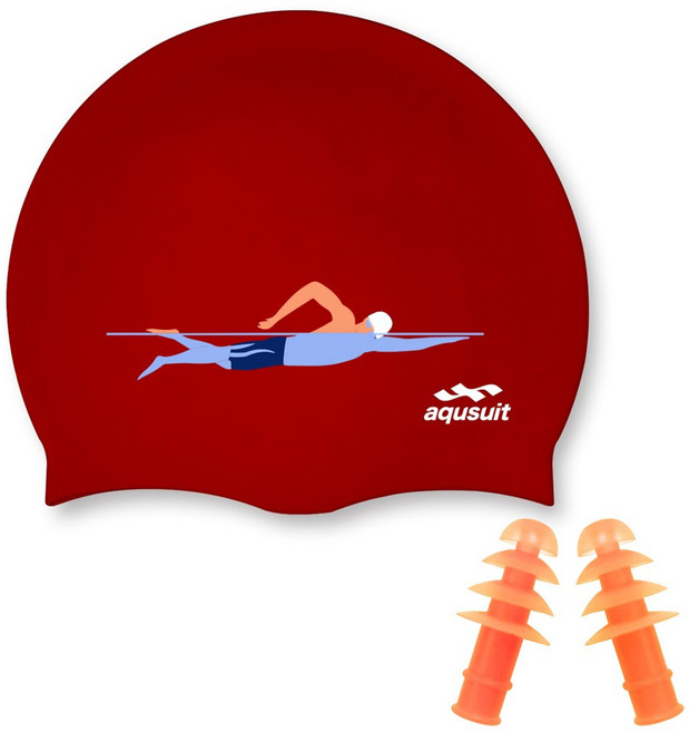 국내생산 아퀴스트 실리콘 스위밍맨 수영모자&귀마개 세트 실내수영장 생존수영용품, (단종)레드(귀마개랜덤), 1개