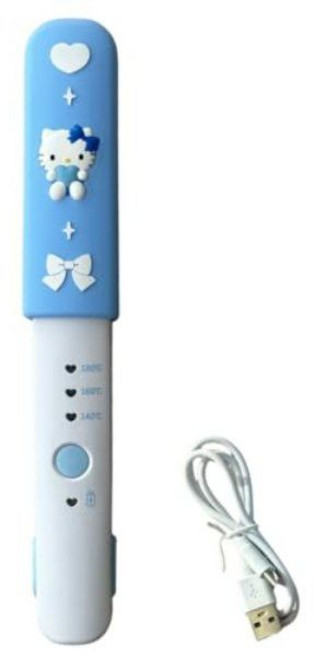 일본 Sanrio 헬로키티 무선 헤어 고데기 실리콘캡 자동전원차단 3단계 온도설정, 블루