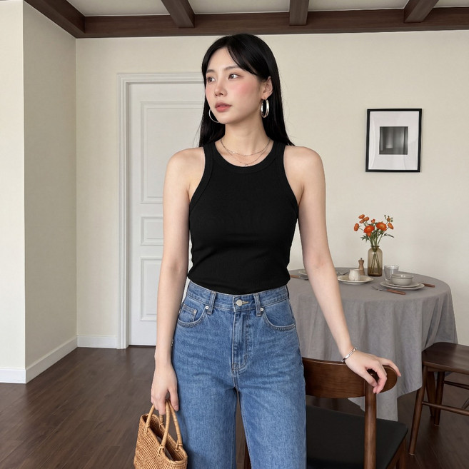 GAT彈力削肩顯瘦螺紋背心 長版 純棉 無袖上衣女