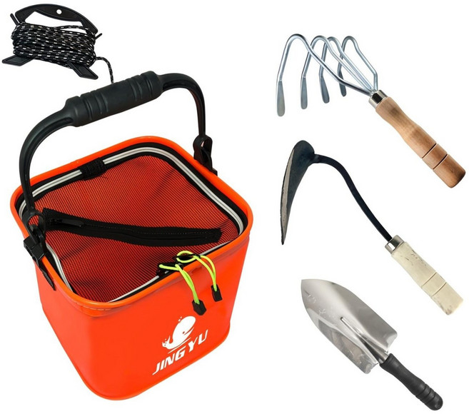 해루질 장비 조개 잡이 도구 4종 세트 호미 + 꽃삽 + 두레박 + 4발갈퀴, 오렌지