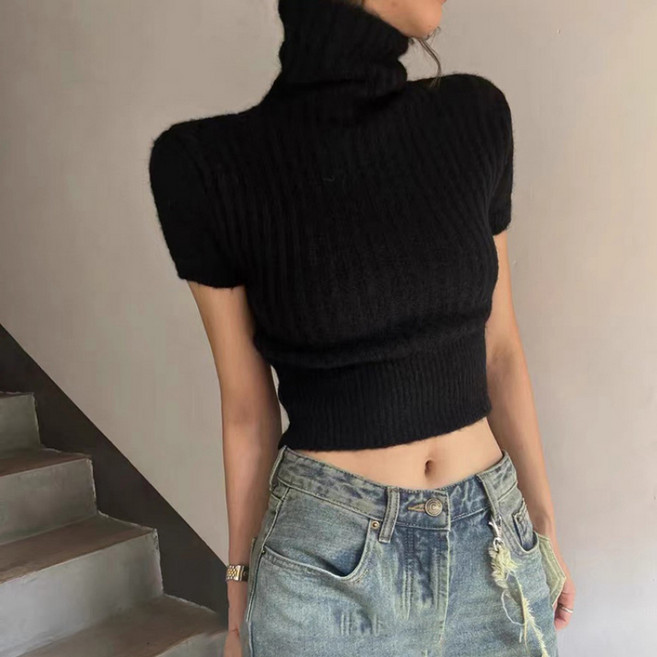 해피유통 니트티셔츠 춘추 여아용 폴라 슬림 반팔 슬림 고급감 쇼트 상의 mgy