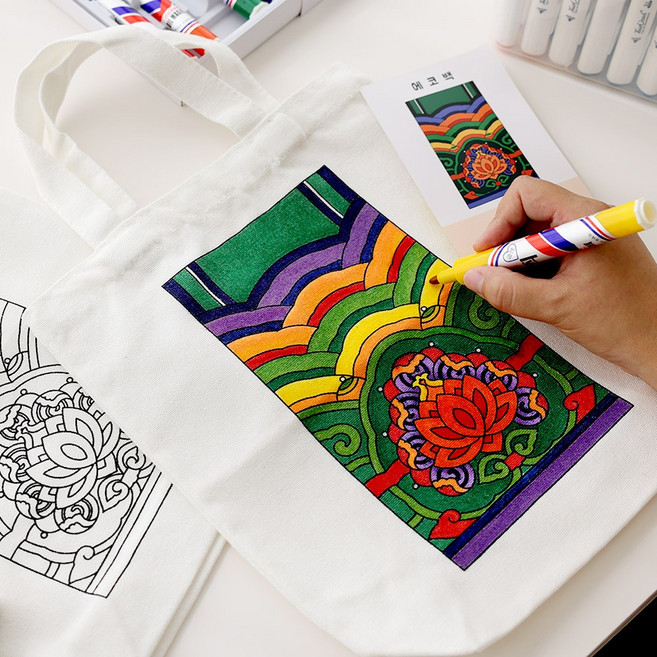 [제이제이오피스] 두근두근아트 에코백 만들기 DIY 친환경 패브릭 아트 유치원 어린이집 어르신 복지관 센터 프로그램 캔버스 천 가방 명절 전통 문양 무늬 아동 미술 컬러링, 04_단청