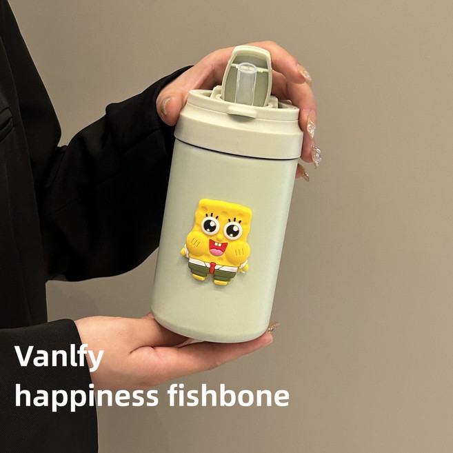 DFMEI 휴대용 대용량 물컵 남녀 빨대컵 316 스테인리스 텀블러, 그린더블텀블러 500ml-스폰지밥, 싱글컵+3D스티커, 1개