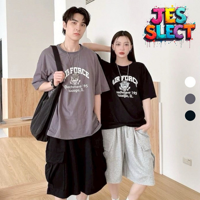 【JES】韓國美式AIR FORCE勳章短袖T恤：親膚透氣潮流情侶款, 深灰,L