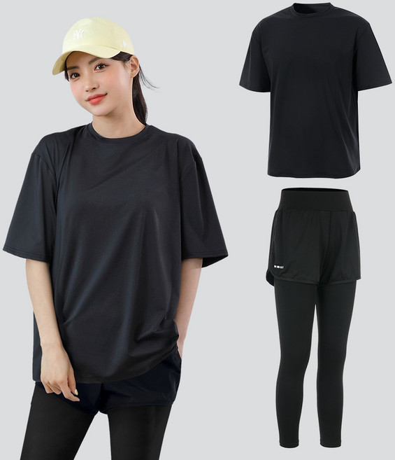 여자 오버핏 반팔 래쉬가드 상의 + 레깅스 반바지 상하의 세트