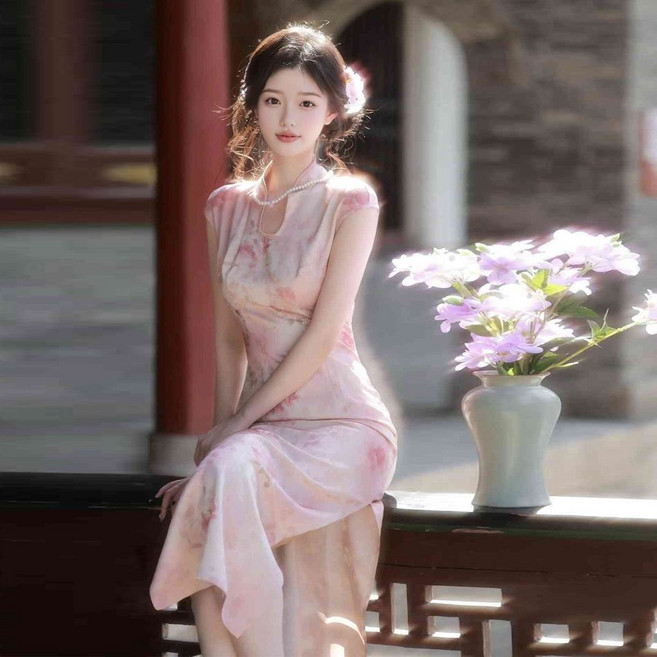 改良式旗袍連衣裙，粉色印花，溫柔氣質長裙, 圖片色【印花】送項鍊,XL, 圖片色【印花】