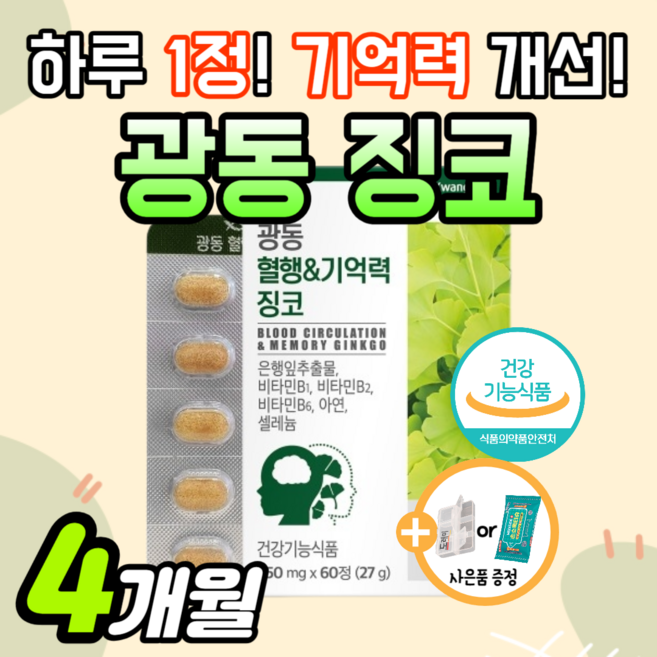 기억력 감퇴 혈행 개선 광동 징코 부모님 선물 영양제 혈관 뇌 손발 다리 건강 정맥 순환 혈액 수험생 집중력 성장기 어린이 인지력 은행잎추출물 약1달 남성 여성 먹는 도레미 사은품, 60정, 2개