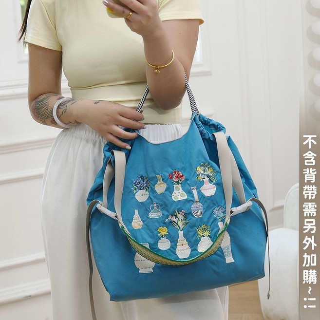 日系刺繡包 小包包 側背包女 手提包 托特包 上班包, 米插花瓶子-中