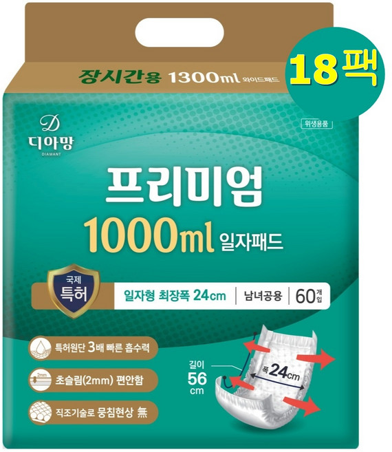성인용 기저귀 속기저귀 프리미엄 일자형 최장폭 24cm 대용량, 18개, 60개입