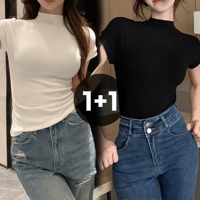 엘바리스 여성용 하이넥 슬림 반팔 티셔츠 1+1