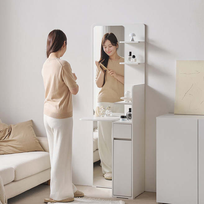퍼니하우스 웨더 전신거울 슬림 틈새 수납 폴딩 선반 화장대, 화이트