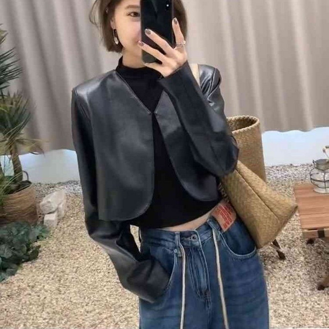 여성 레더 자켓 루즈핏 봄 가을 긴팔 PU 재킷 아우터 캐주얼 여자 노칼라 숏 레더 코트 LPC