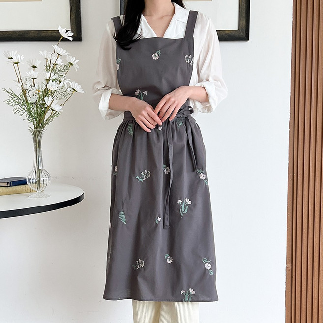 드로우데이즈 프릴 꽃 자수 방수 앞치마, 그레이, 1개