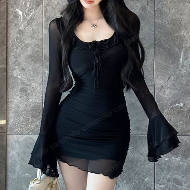 cammello 딥스퀘어넥 블랙 시스루 슬림핏 미니원피스 프릴소매 긴팔 미니 드레스