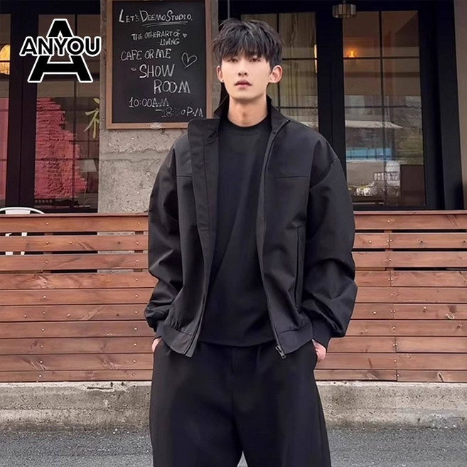ANYOU 남성 자켓 오버핏 지퍼 스탠드 칼라 검정 캐주얼 데일리 스트릿 스타일 편안한 아우터