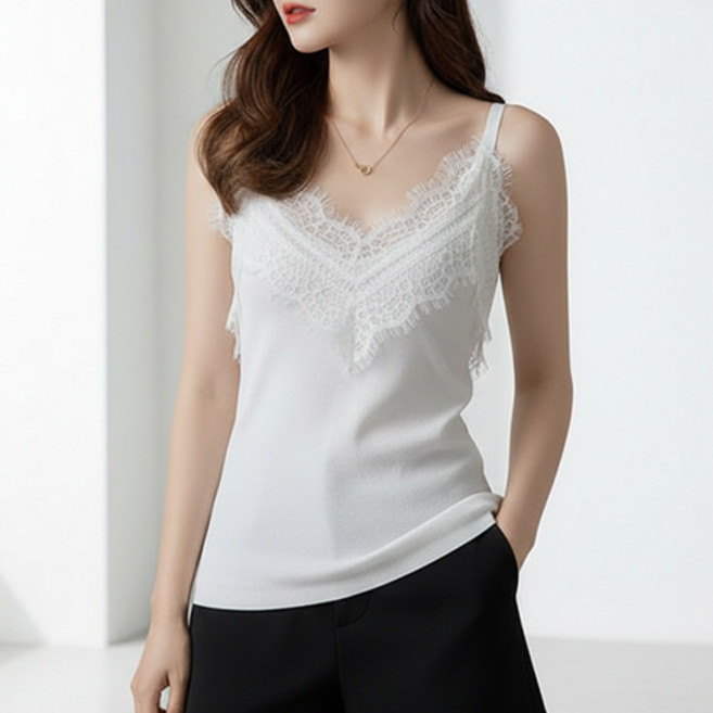 여성 청순 브이넥 레이스 이너 레이어드 민소매 끈 나시티 W827