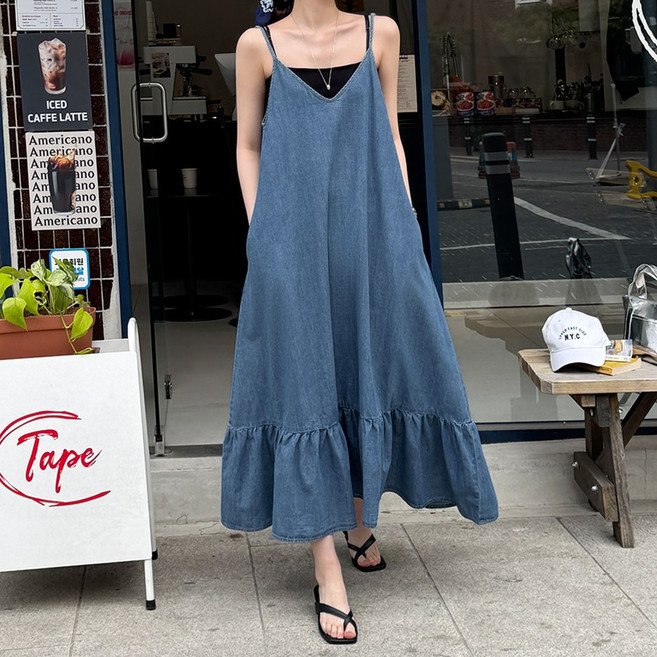 데일리앤 캘린 레이어드 청 멜빵 뷔스티에 원피스 브이넥 끈 나시 프릴 여름 데님 롱원피스
