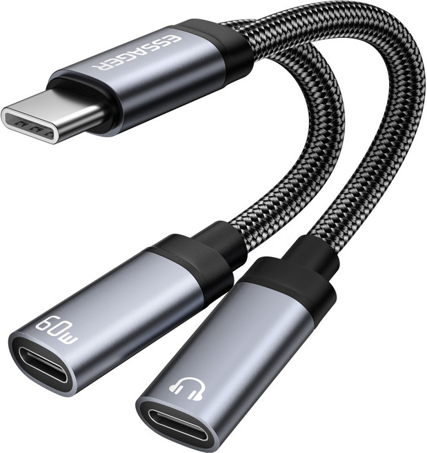 Essager PD 60W C타입 마이크 이어폰 고속 충전 듀얼 젠더 3.5mm/C타입 연결 잭, 1세트, C타입*3.5mm