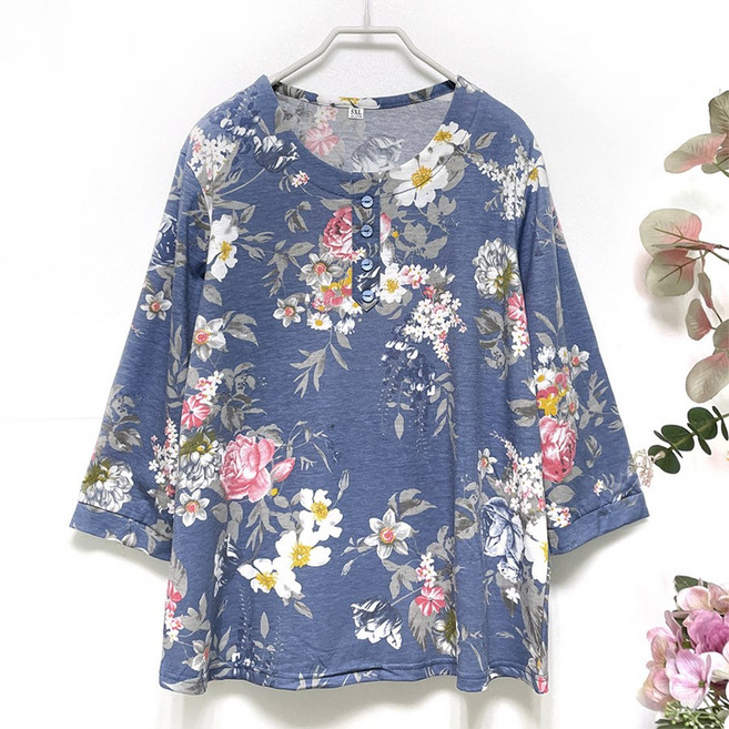 국민할매 할머니옷 엄마옷 여름 데일리 장미 면 라운드 7부 티셔츠[CH-T01] 요양원옷