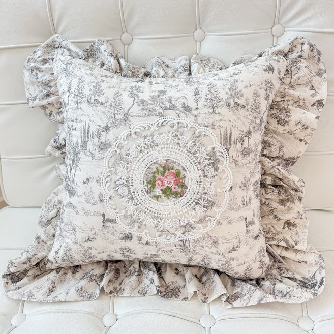 오라이프샵 국내제작 유럽풍 블랑 로제 레이스 쿠션커버 등받이 쿠션