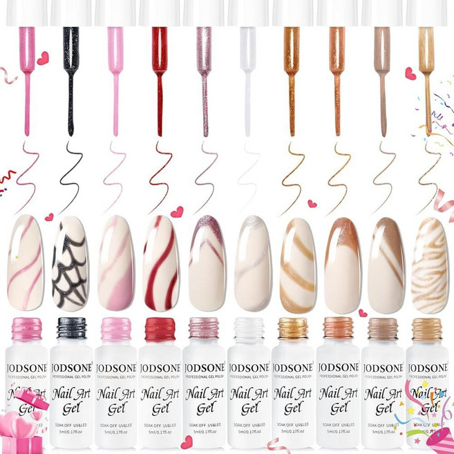 JODSONE 네일 아트 젤 라이너 세트 10가지 색상 글리터 레드 블랙 핑크 젤 네일 폴리쉬 Need U V 램프 큐어 홈 살롱 디자인 여성용 발렌타인 선물