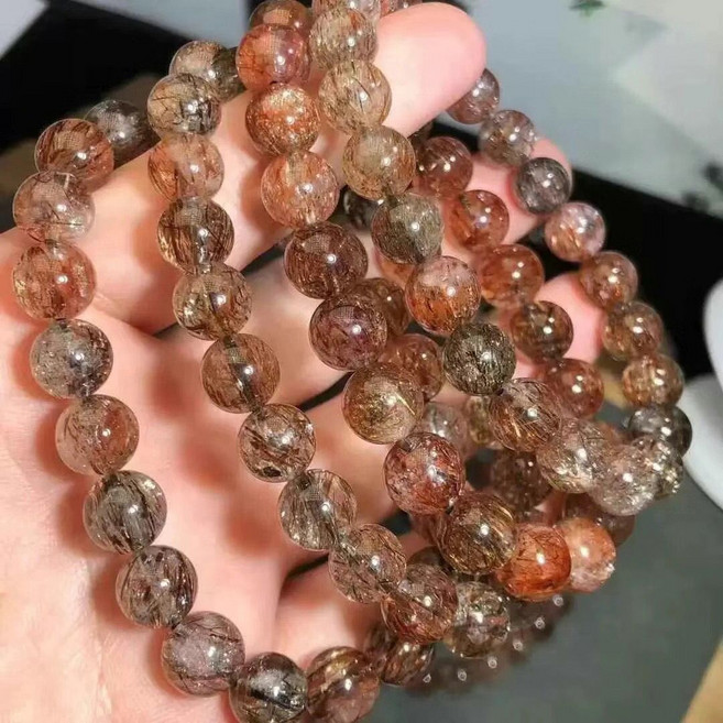 天然黑金超七水晶手鍊 招財納福 轉運, 1個, 14mm茶阿賽