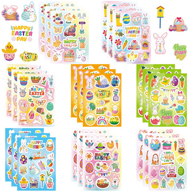 부활절 스티커 부활절 데코스티커 부활절 달걀 당근 토끼 스티커 부활절 봄 파티 소품 스티커, 24개