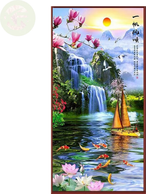 폭포 구어도 황금 돛단배 대형 DIY 보석십자수 금전운 상승 인테리어 비즈 퍼즐 큐빅 페인팅, 120*60cm, 1개