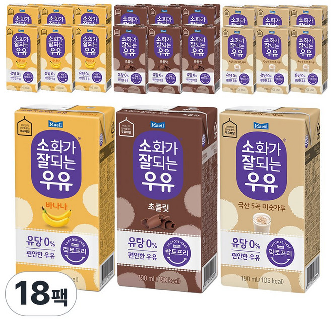 매일유업 소화가 잘되는 우유(바나나6 초콜릿6 미숫가루6), 1개, 190ml, 1개