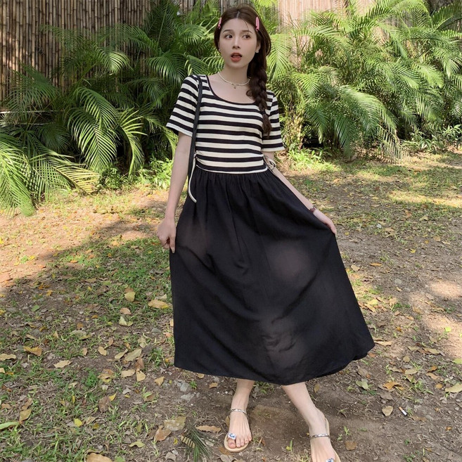ANNE 短袖條紋拼接黑色長裙洋裝, 條紋,XL