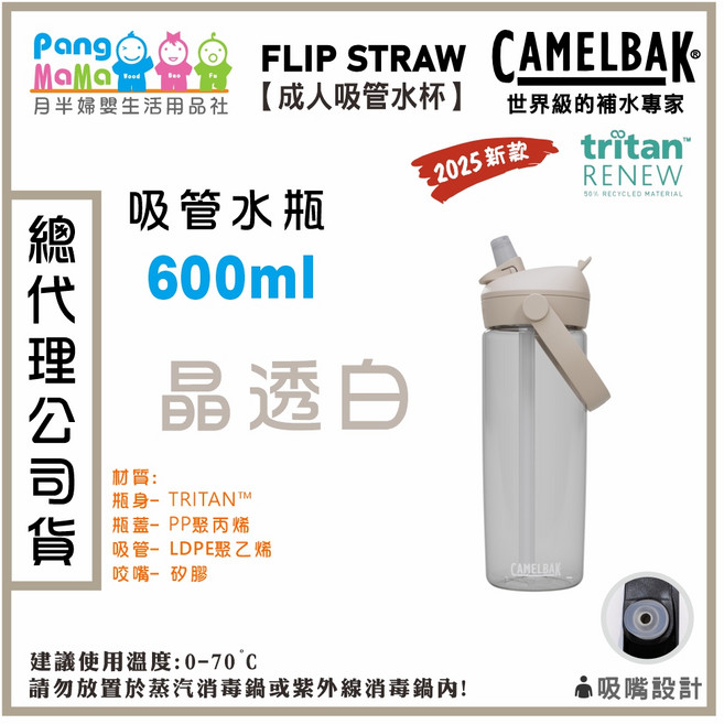 CAMELBAK 成人多水吸管水瓶 600 ml FLIP STRAW 吸管水瓶, 晶透白, 1個, 600ml