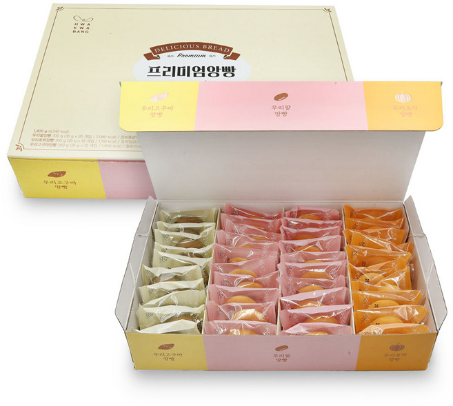 화과방 프리미엄 앙빵 (35g x 40개입) / 통팥+고구마+호박 만쥬 앙금빵 (쇼핑백증정), 1.4kg, 1박스