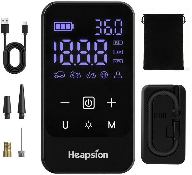 7200mAh 휴대용 무선 차량용 에어펌프 타이어 공기압 주입기 다용도, 블랙, 1개