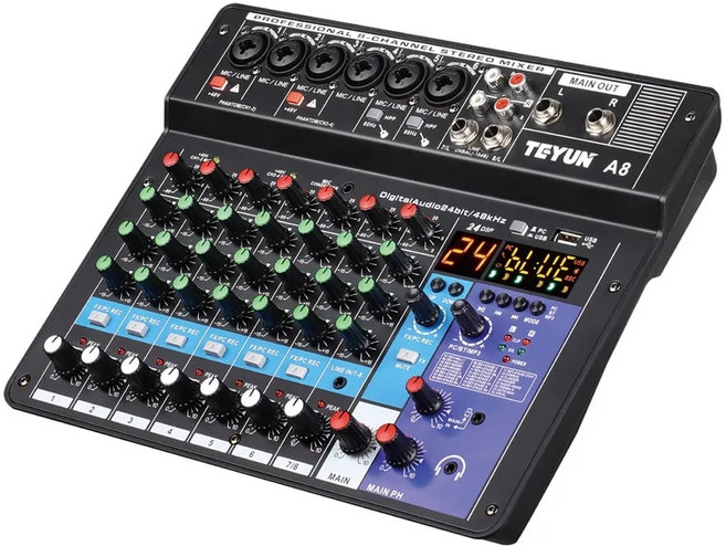 전문 8 채널 디지털 믹서 사운드 카드 마이크 휴대 전화 라이브 방송 컴퓨터 DJ 오디오 장비, 3) A6 EU Plug