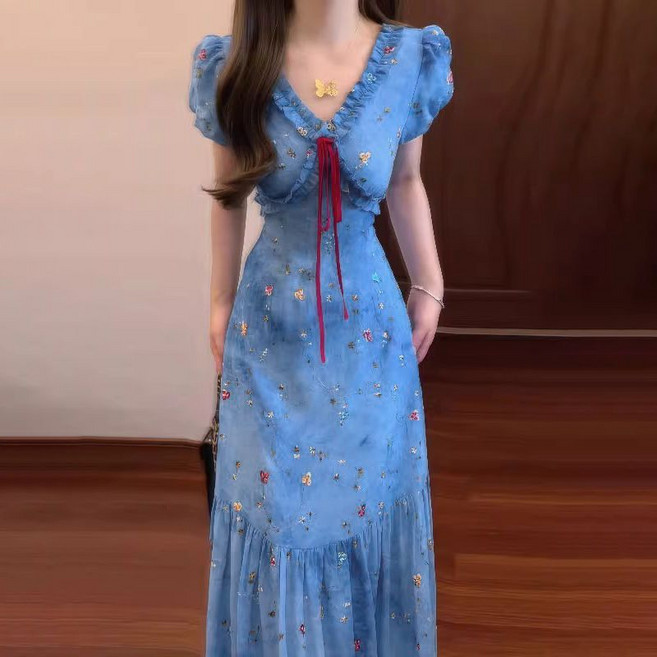 COSYEVNO 여성 봄여름 플로럴 자수 원피스 퍼프소매 머메이드 롱 드레스 LFHshq-2