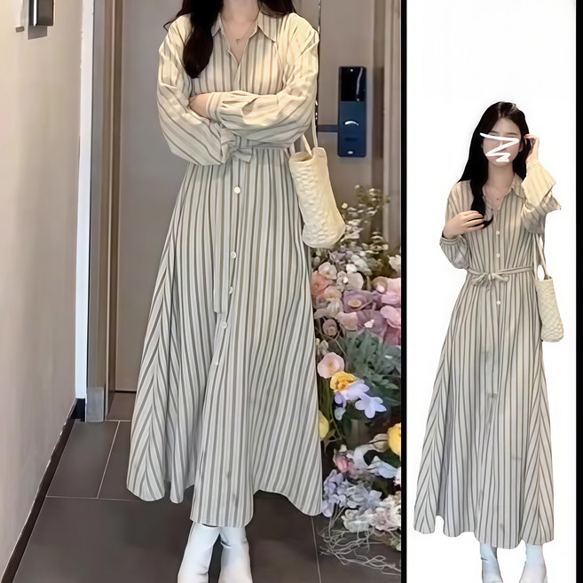 POMTOR 여성 롱 셔츠 원피스 스트라이프
