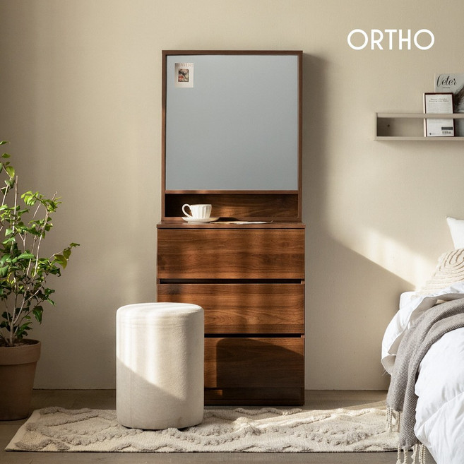 올쏘 크리미 3단 서랍 수납 거울 틈새 미니 화장대 600, 3단서랍+사각수납거울/월넛