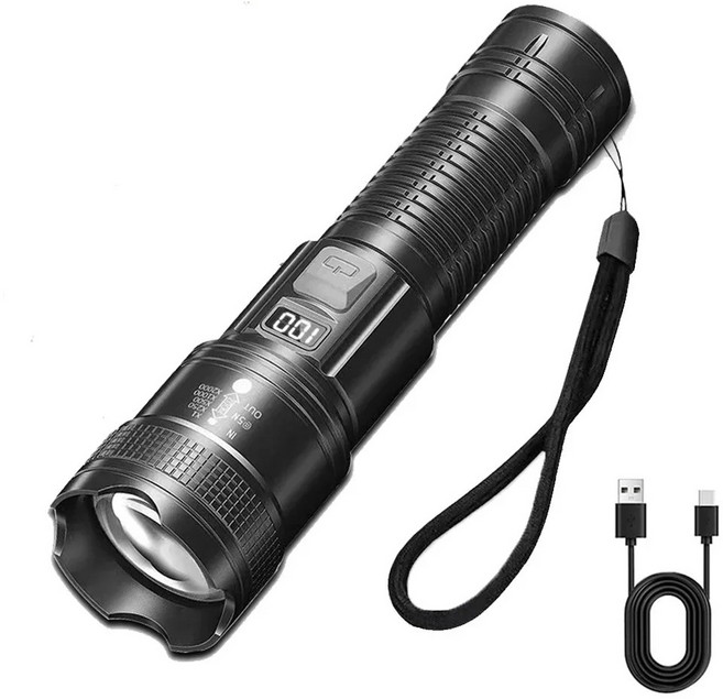 매우 밝은 손전등 내장 배터리 USB C 충전식 LED 500000 캠핑 랜턴용 LM 고출력 토치 램프, Black