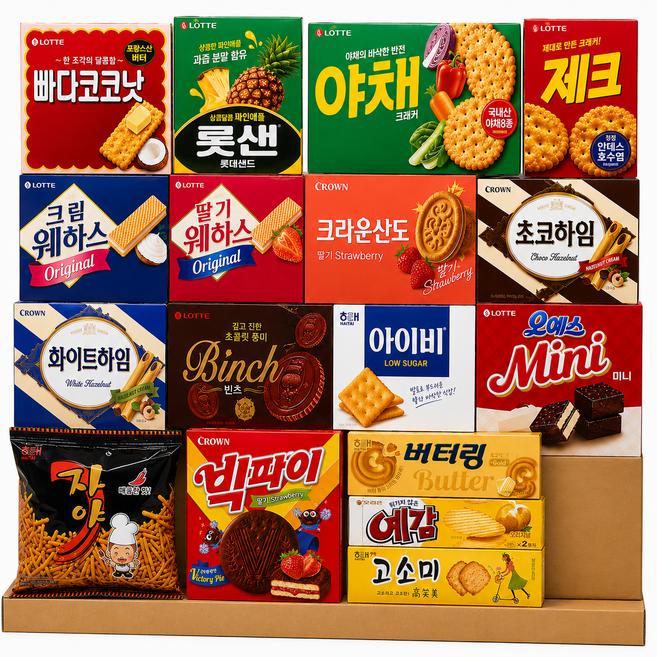 루시 사무실 과자 탕비실 간식 15종 세트(빠다코코넛 롯센 야채크래커 제크 크림웨하스 딸기웨하스 크라운산도 쵸코하임 화이트하임 빈츠 아이비 미니오예스 자야), 1세트, 과자16종류