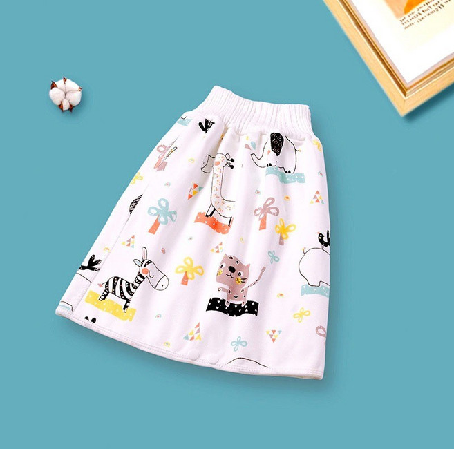 學習褲 - 全棉 高腰護肚 可機洗 舒適透氣, 【隔尿裙】白色動物樂園,【小碼】長40厘米（0-3歲）, 1個